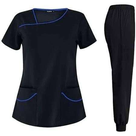 A black scrub set with blue trim and pockets.