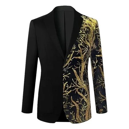 A black and gold jacket with trees on it