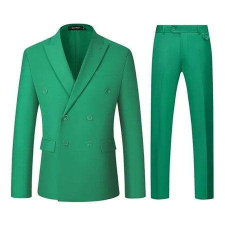 A green suit is shown with pants.