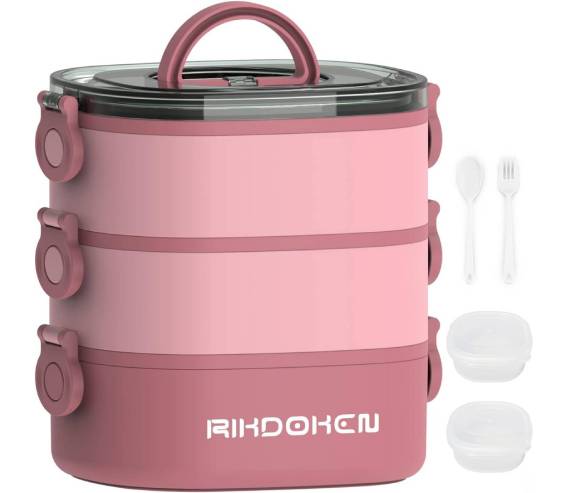 A pink tiffin box with spoons and fork