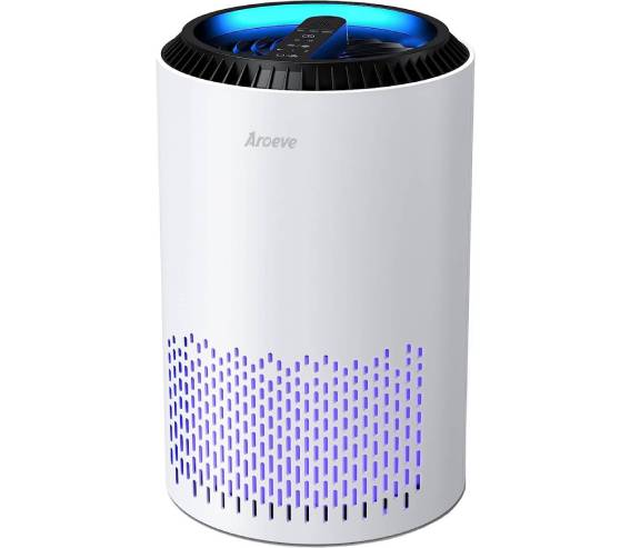 A white air purifier with blue lights on top of it.