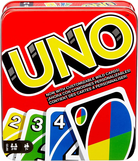 A tin of uno cards with the game in it.