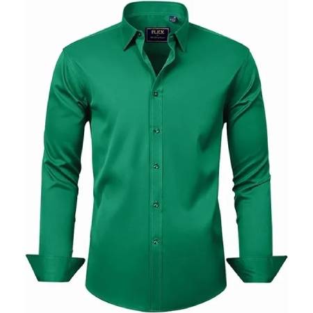 A green shirt is shown with no collar.