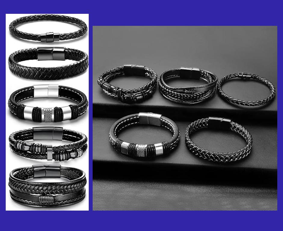  Leather and solid 316L stainless steel clasp, men's bracelets 