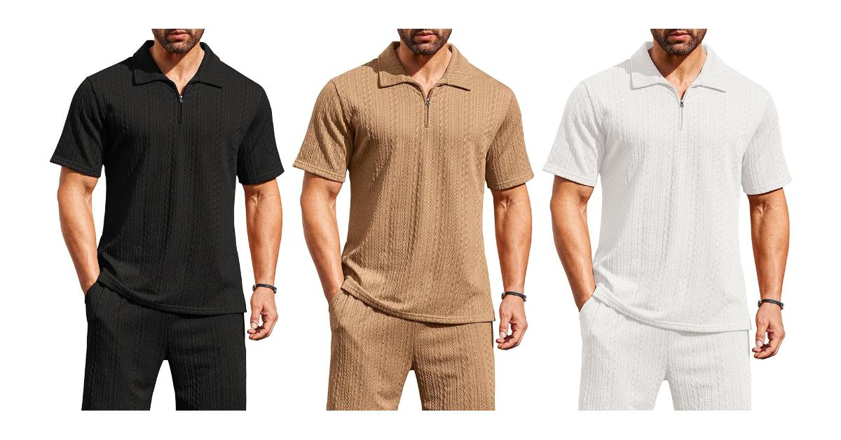 Men's 2 Pieces Outfits Casual Quarter Zip Polo Shirt and Shorts Set